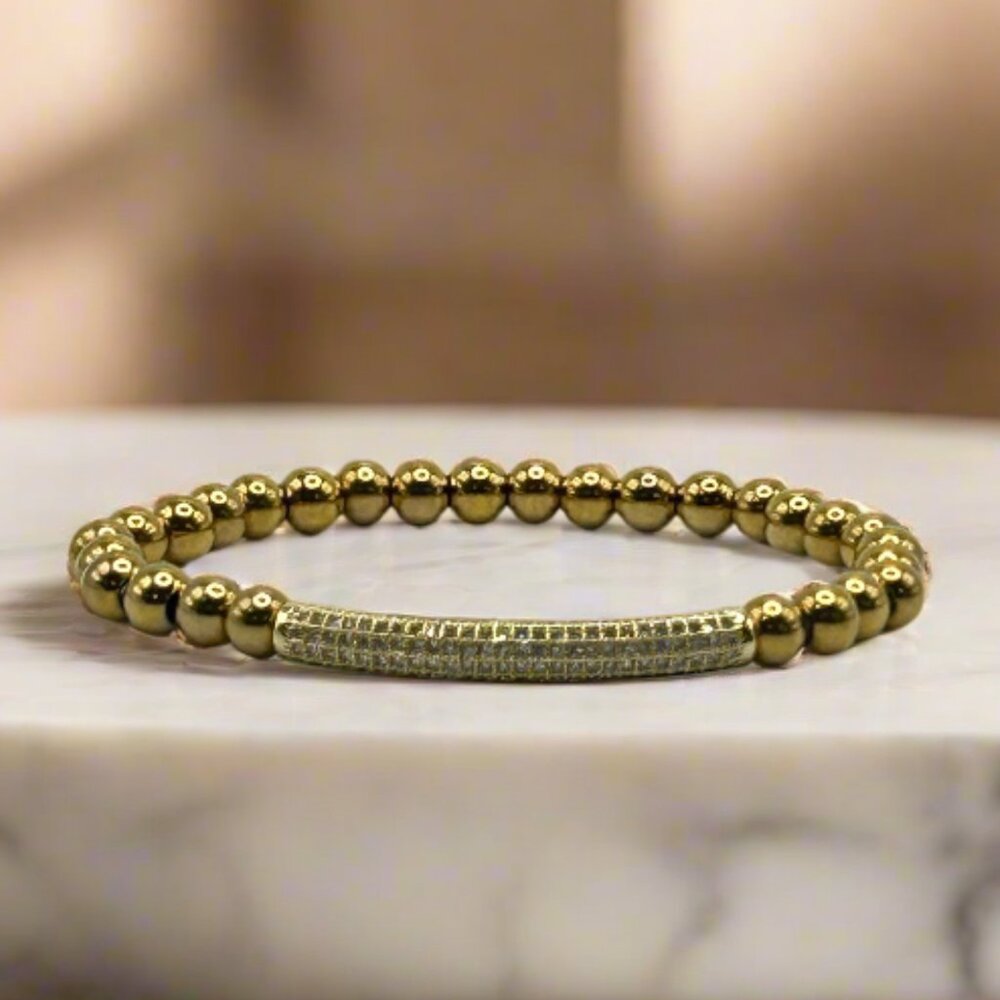 18K Gold Plated Bead Stretch Bracelet With Pave Focal